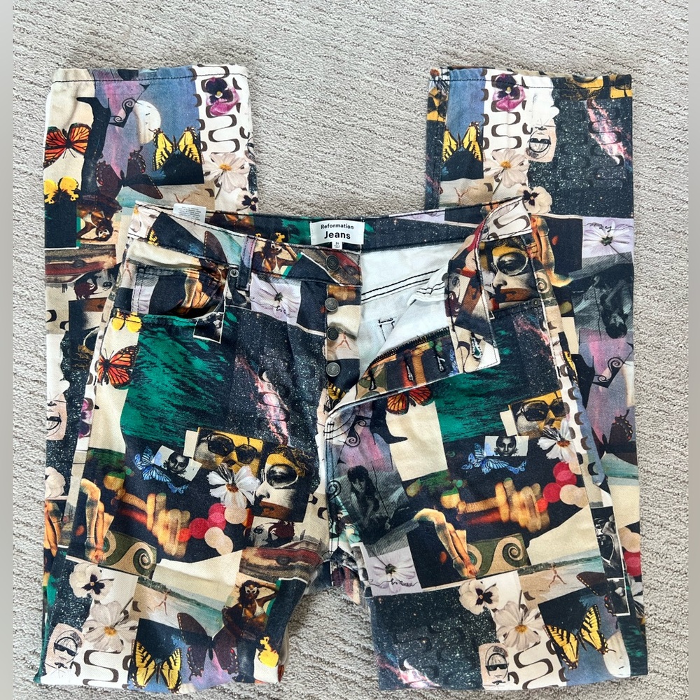 Reformation CYNTHIA HIGH RISE STRAIGHT LONG JEANS IN DECOUPAGE